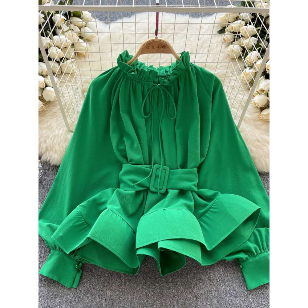 Luxury and luxurious French court style waistband lace up ruffled shirt for womens niche long sleeved top