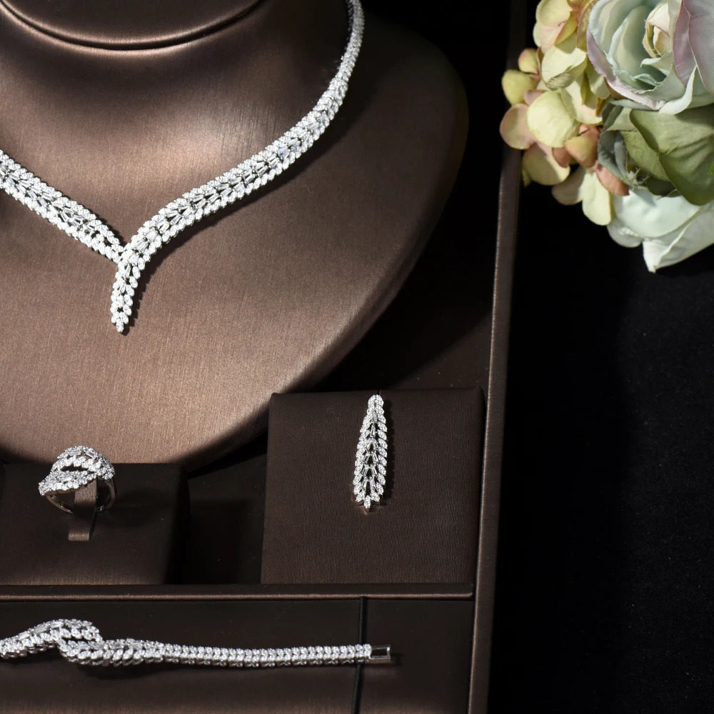 Classic rectangular cubic zirconia wedding necklace and earring set Dubai Nigeria CZ Bridal Jewelry Set 240531