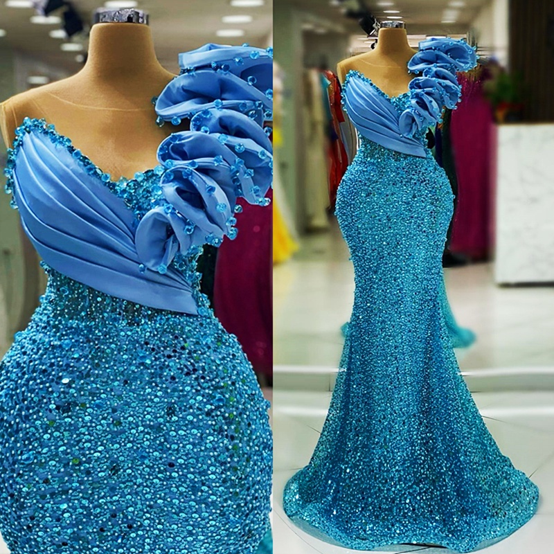 2024 Blue Prom Dress Evening Dresses Sheer Neck Illusion Mermaid Promdress Beaded Sequined Lace Rhinestones Crystals Birthday Dress Reception Gowns AM