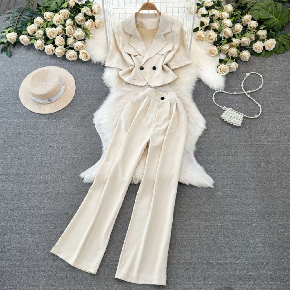 Fashion set womens Korean short sleeved suit collar slim fit short top two-piece high waisted straight leg wide leg pants