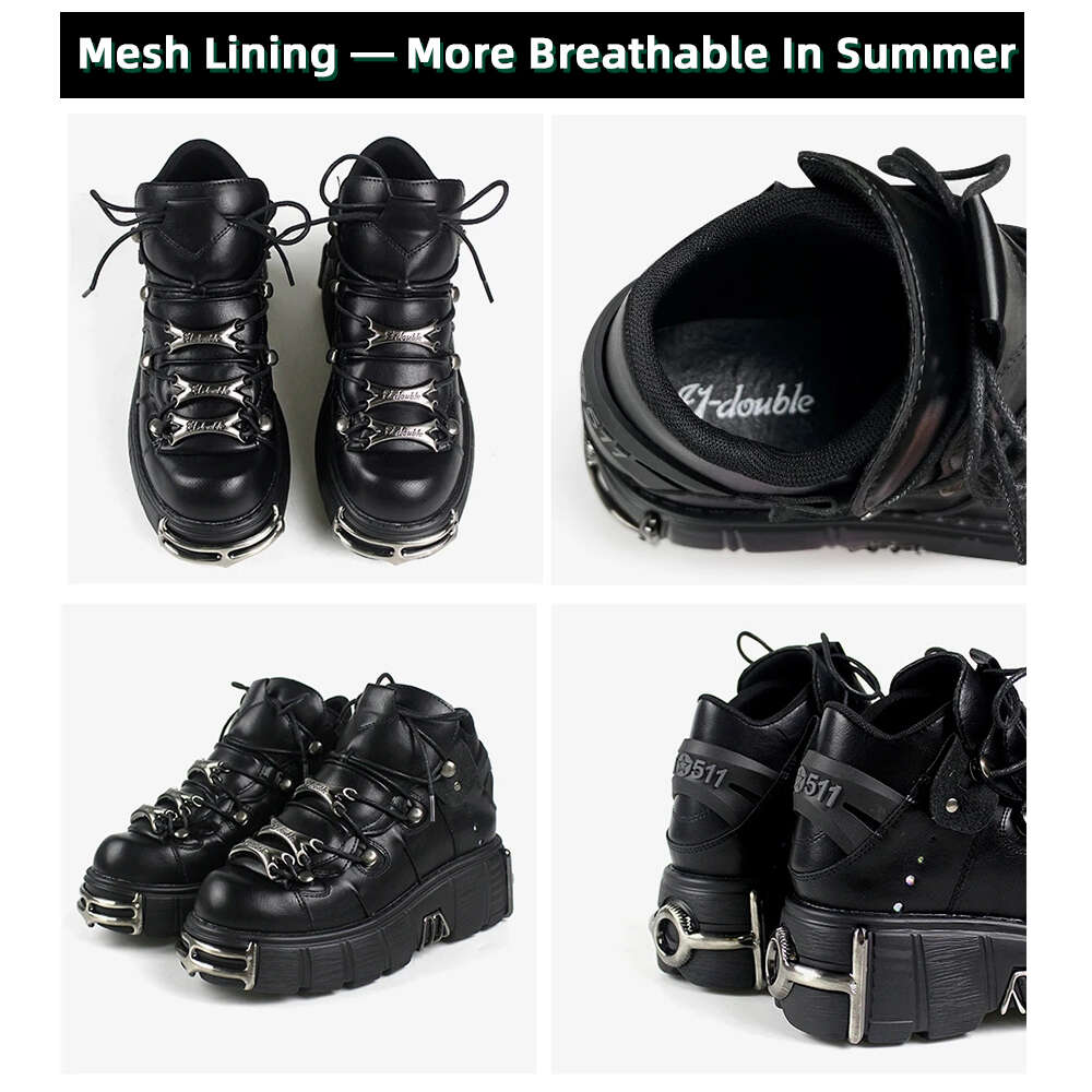 New 2023 NEW Punk Style Women Lace-Up Heel Height 6Cm Platform Shoes Gothic Ankle Rock Boots Metal Decor Woman Sneakers 36-45