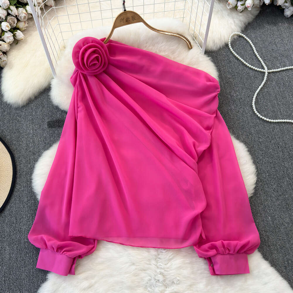 Spring and Autumn Fashion Design Sense Three Dimensional Flower Slant Neck Off Shoulder Loose and Slim Chiffon Shirt Womens Casual Top