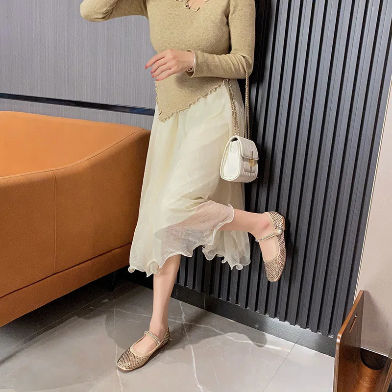 Full Diamond Air Mesh Ballet Shoes Womens Square Toes Mary Jens Crystal Apartments Ladies Bride Wedding Slippers Dance Shoes 240606