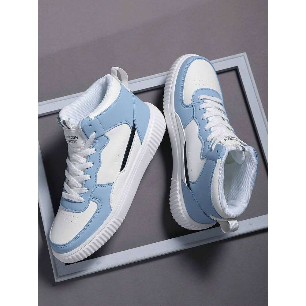 Plus Size Men's Blue Casual Sneakers, Lace Up Soft Sole Flat Comfortable Skate For Men, Lightweight High-Top Daily Shoes