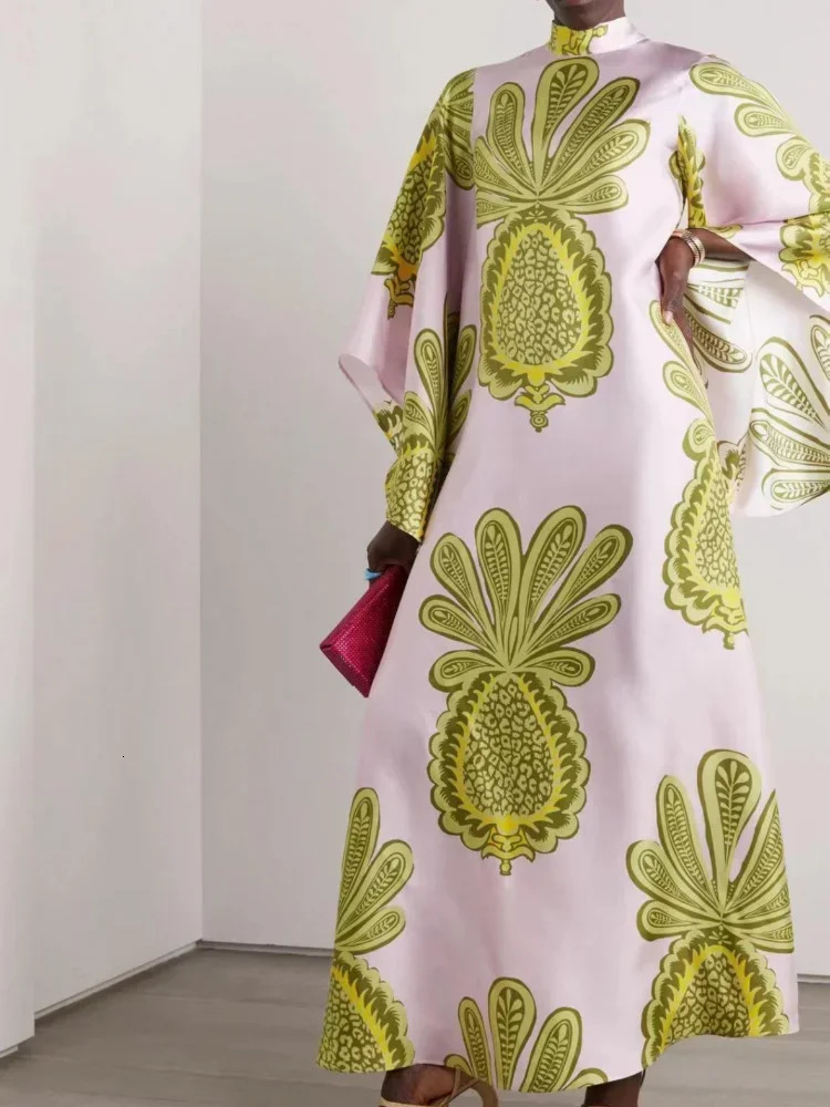 Vintage Print Spliced Maxi Dress With Ribbon Women Casual V Neck Flare Long Sleeve Dresses 2024 Summer Lady Elegant Party Robes 240603