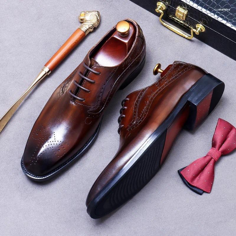 Casual Shoes Men's Oxfords Genuine Leather Brogue Brown Lace Up Wingtip Dress For Men Office Wedding Party Formal Footwear