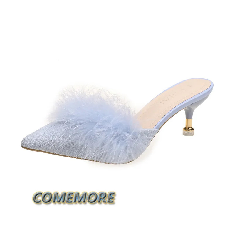 2024 Womens Sandals Sexy Fur Summer Elegant High Heel Pump Womens Shoes Wedding Party Large Fashion Slide 240606