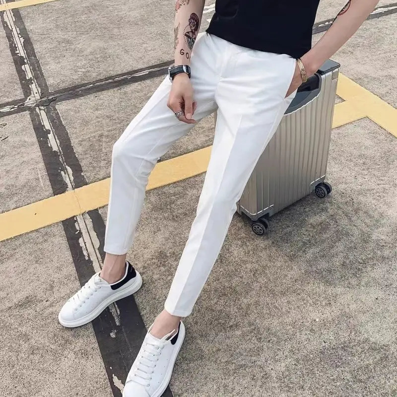 Streetwear Fashion Men Solid Color Smart Casual Suit Pants Spring Summer Thin Slim Fit Business Cropped Straight Trousers 240527