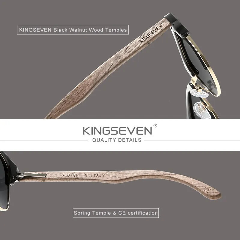 KINGSEVEN Handmade Black Walnut Wooden Sunglasses Men Polarized UV400 Protection Semi-Rimless Retro Eyewear Women For Driving 240530