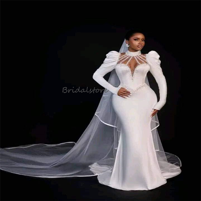 African White Mermaid Wedding Dresses For Bride High Collar Long Puff Sleeve See Through Beading Garden Bridal Gowns Princess Satin Church Country Bri