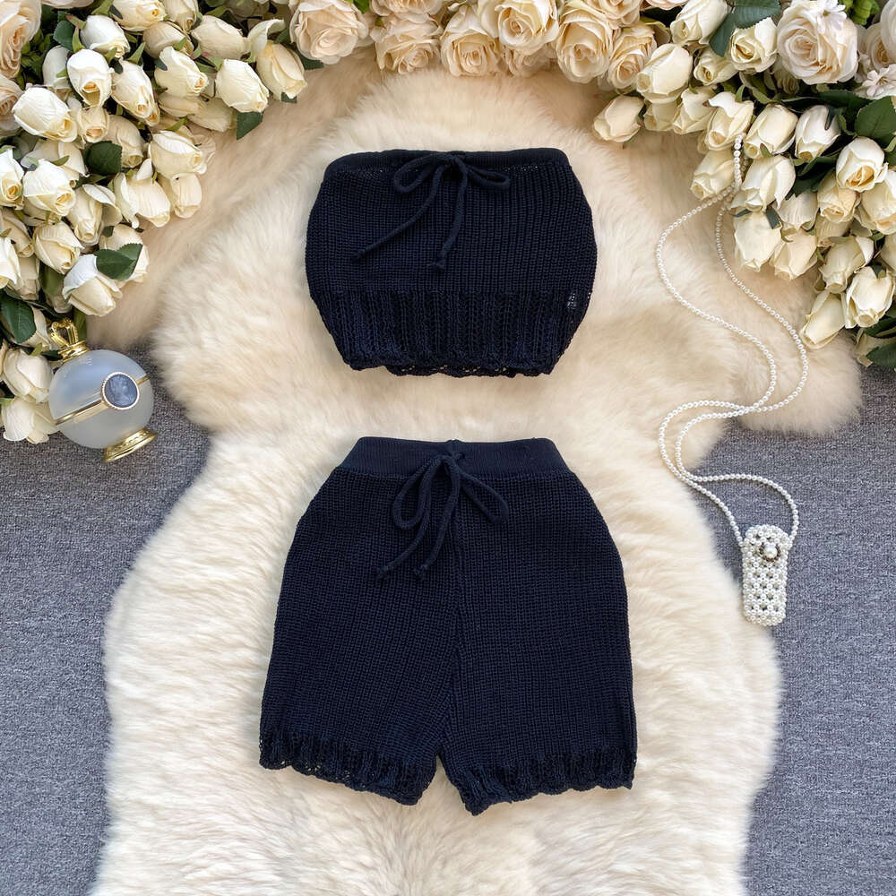 Womens Design Sensory Knitted Shirt with Bra Short Sexy and Versatile Short Spicy Girl Style Two Piece Set Trendy