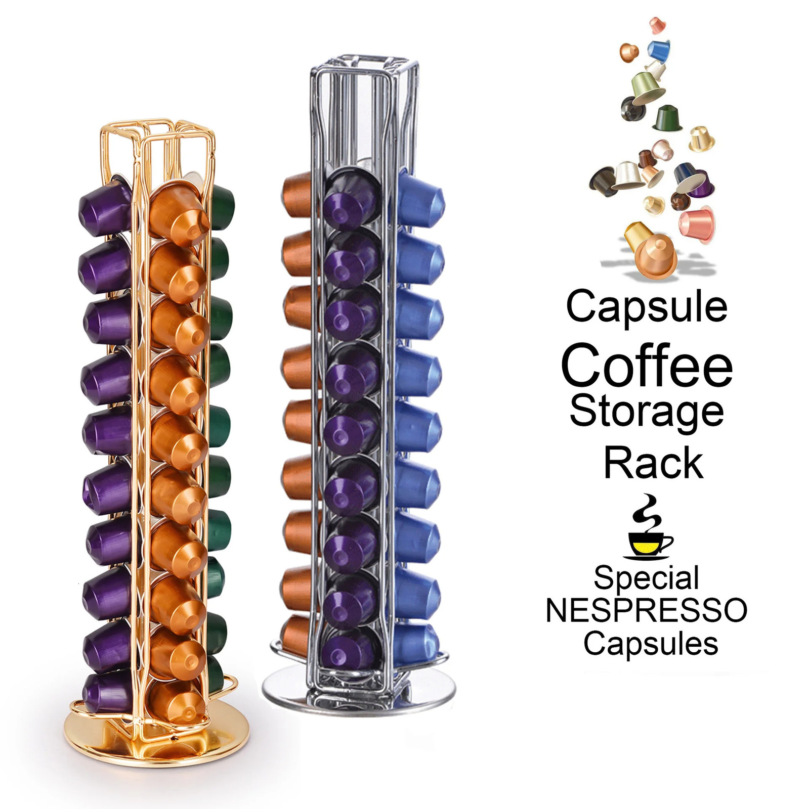 40 Pod Gold Coffee Capsules Nespresso Coffee Pods Holder Rotating Rack Coffee Capsule Stand Storage Shelve Organization Holder 240603