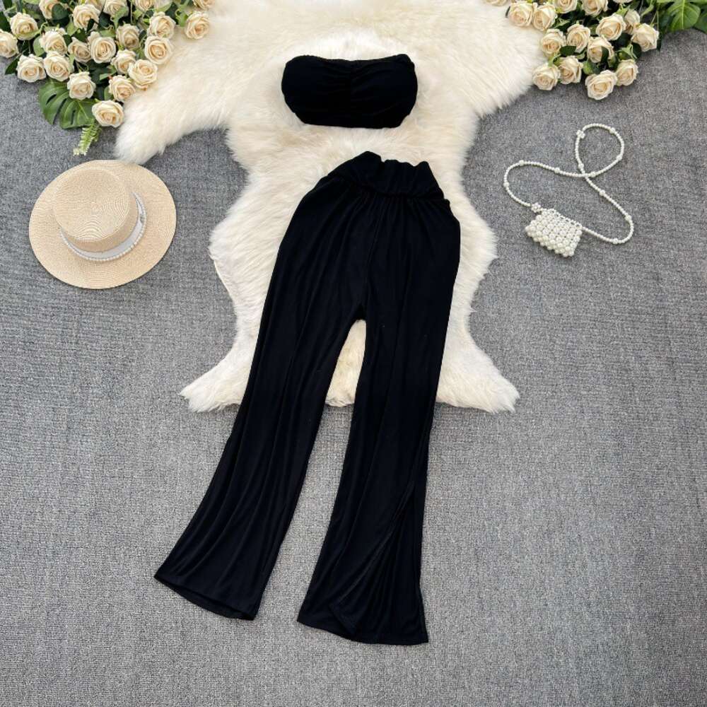 Fashion Set Womens Spicy Girl Style Printed Short Naked Bra T-shirt Set of Two Casual High Waist Slimming Wide Leg Pants