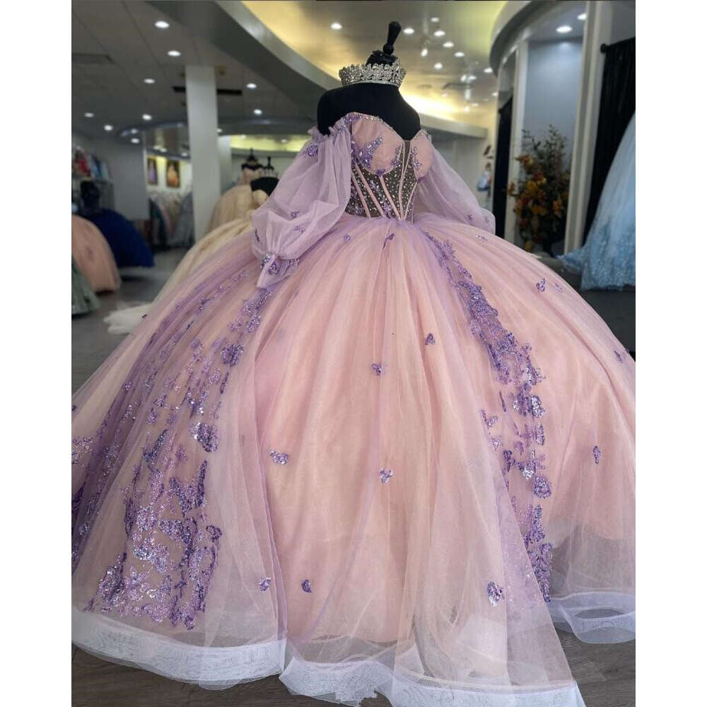 Lilac Pink Princess Quinceanera Dress With Long Sleeve Sparkly Applique Corset Bustle Sweet 16 Vestidos Para Festa De 15 Anos 0606