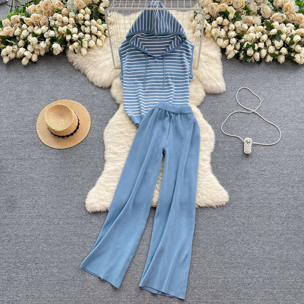 Korean casual outfit womens striped hooded knit top loose and versatile wide leg pants two-piece fashion set