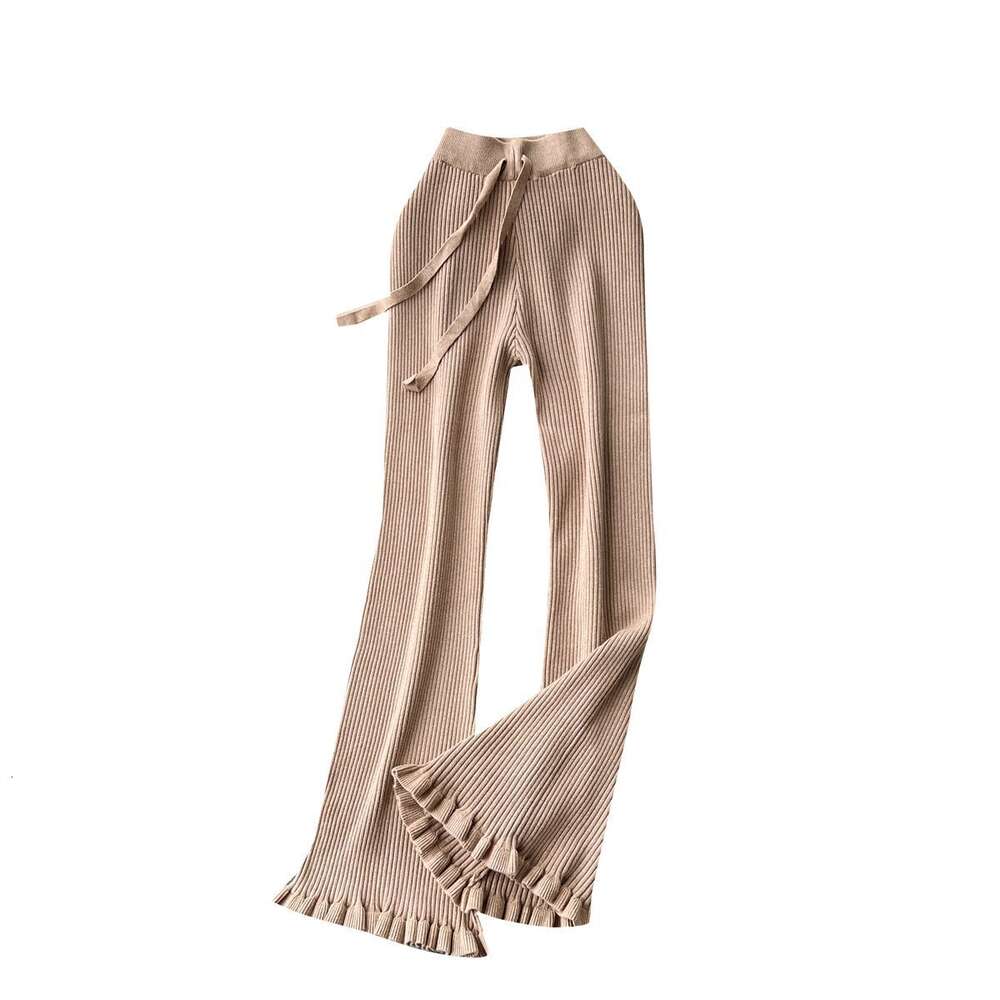 Minimalist and high-end knitted casual pants for women in autumn high waisted and slim with tassels design straight tube and draped floor mop pants