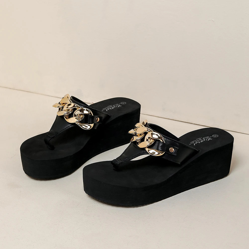 Womens summer slider vacation flip 6cm platform sandals with chain charm beach slide free casual outdoor womens shoes 240606