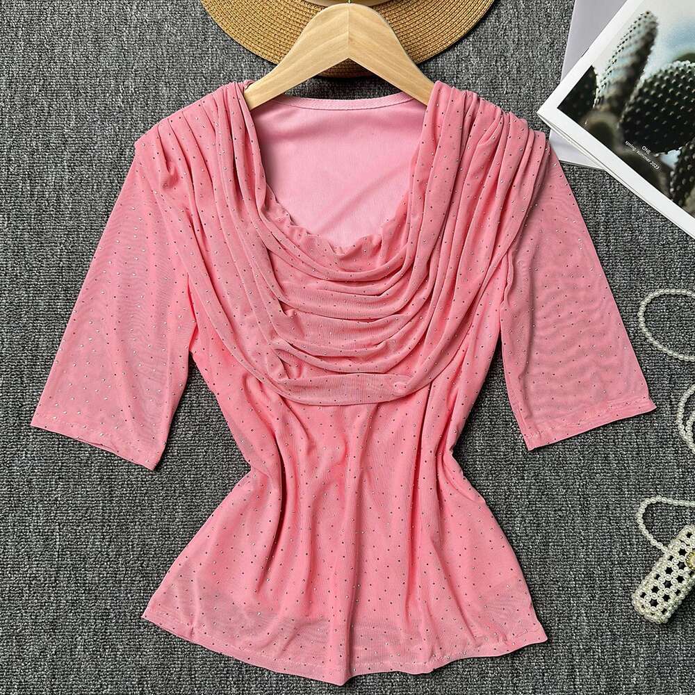 Top Summer Womens Light Luxury Heavy Industry Hot Diamond Slim Fit Short Sexy Perspective Mesh Bottom T-shirt