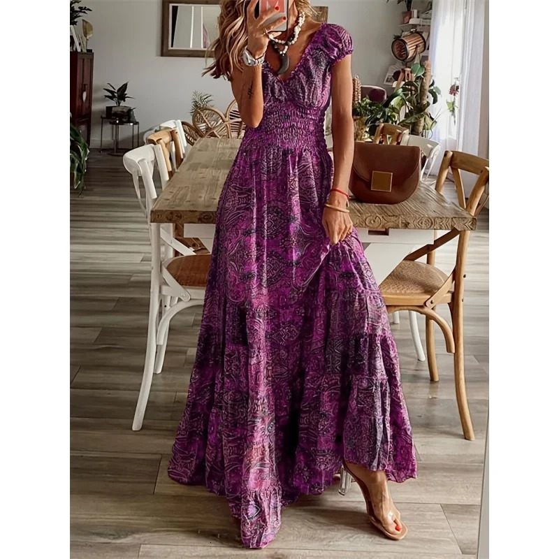 Boho floral print ruffle neck long dress-WOMENS summer swing dress 240529