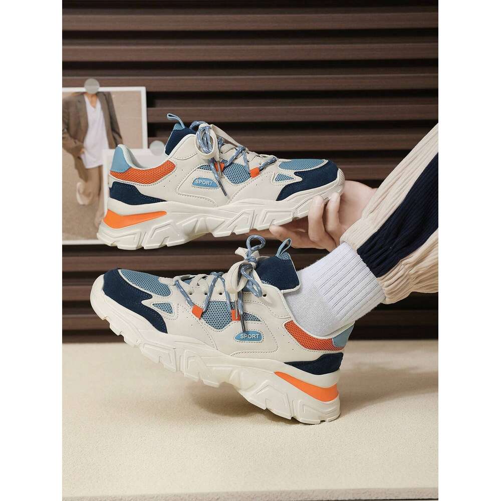 Men's Double Lace-up Unique Front Tie Design Peculiar Color Blocking Thick Bottom Chunky Sneakers