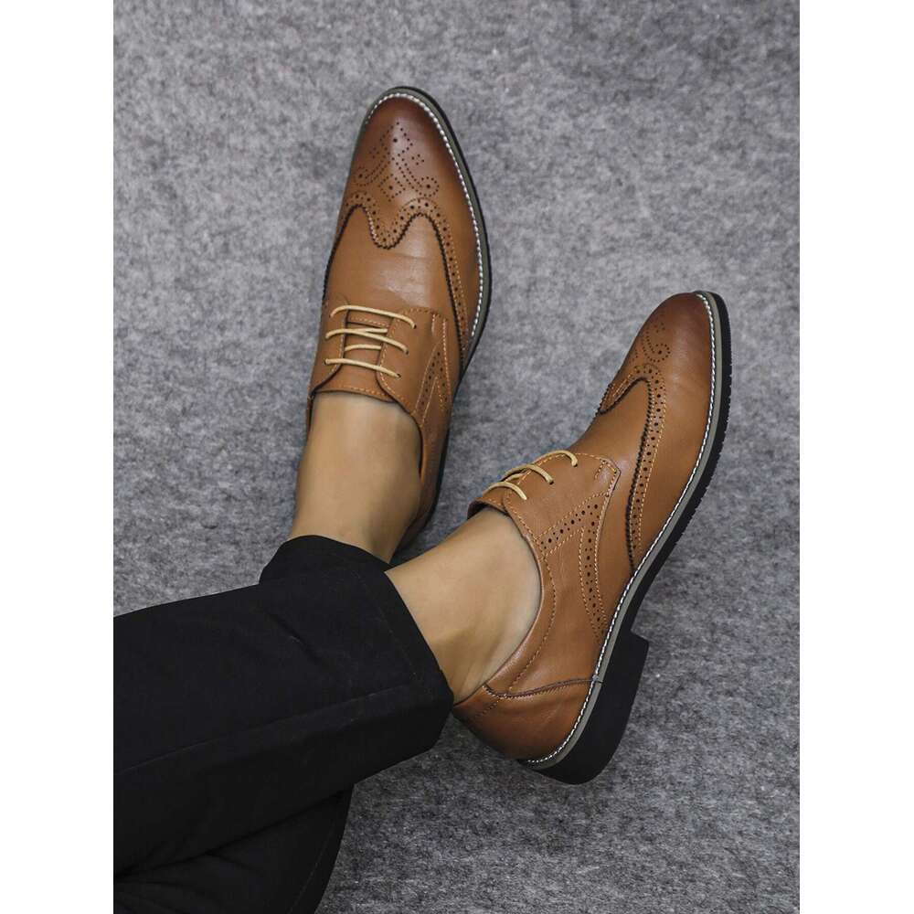 S Formal Men Block Carving Solid Color Pointed Toe Low Cut Lace Up Heel Shoes Banquet Style Middle Aged Business Pu Leather For All Seasons Ddmysaturn