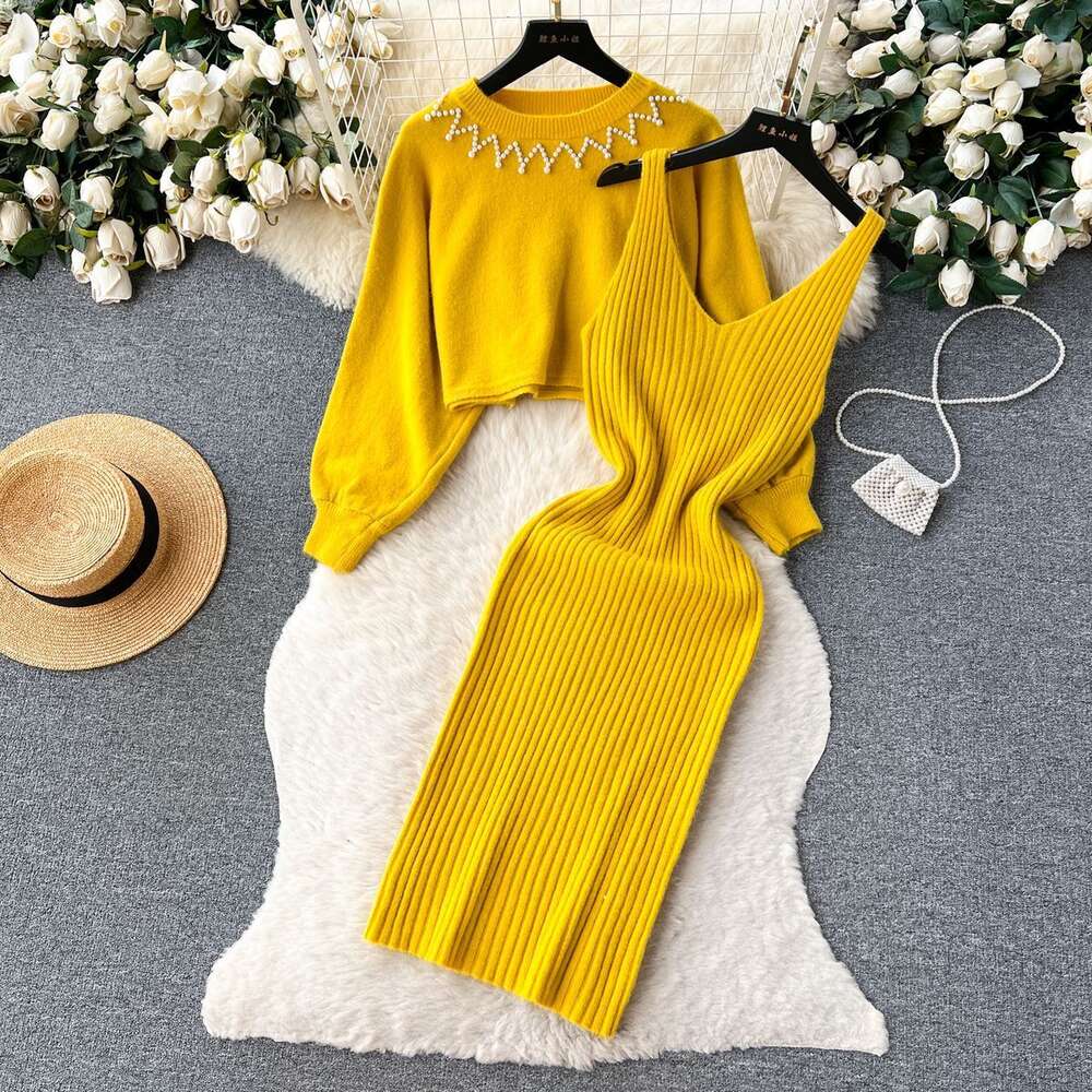 Autumn and Winter French Light Luxury High Grade Loose Knitted Round Neck Top+Strap Dress Two Piece Set for Women
