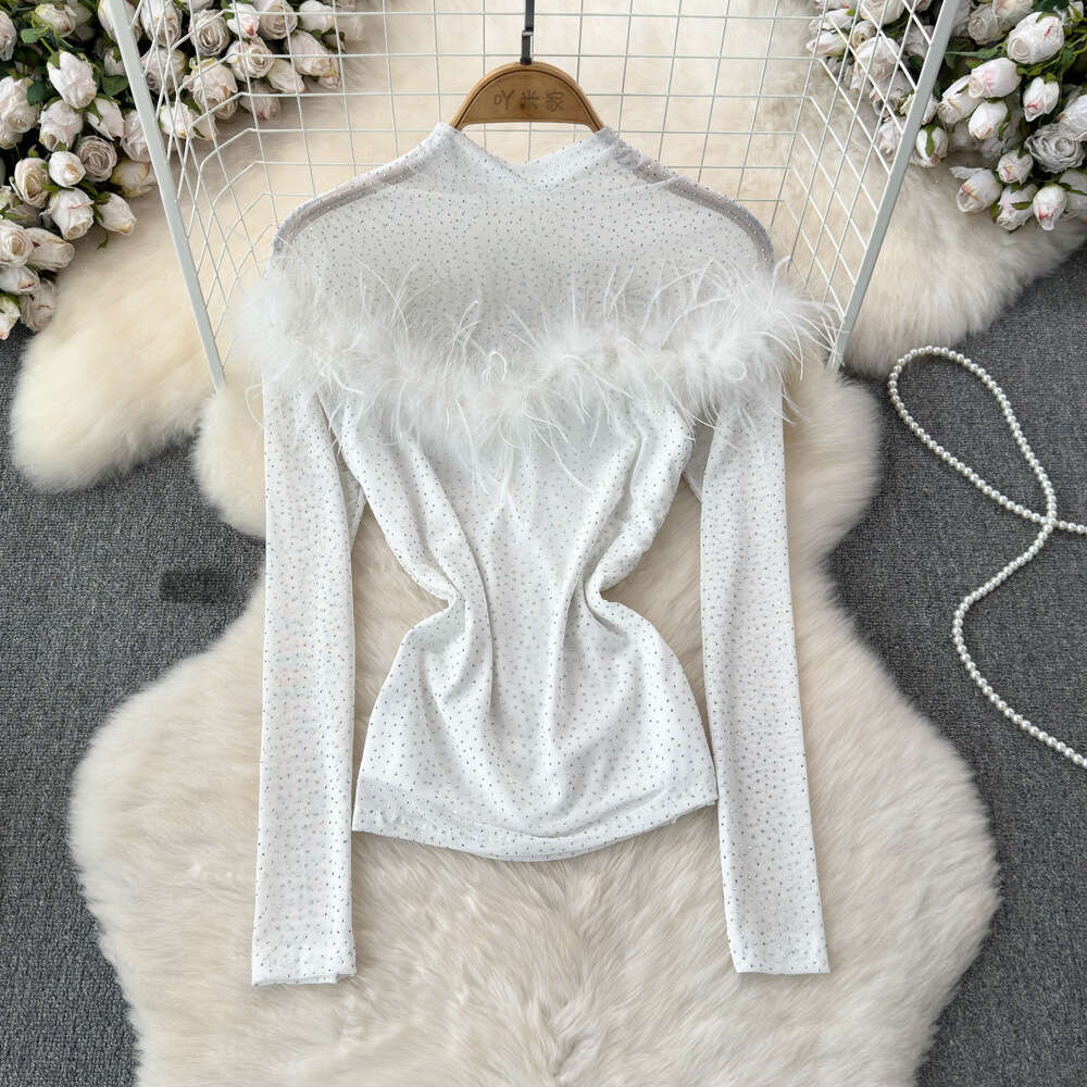Fashionable and sexy long sleeved stand up collar with fur splicing slim fit with diamond mesh T-shirt womens fashion bottom top