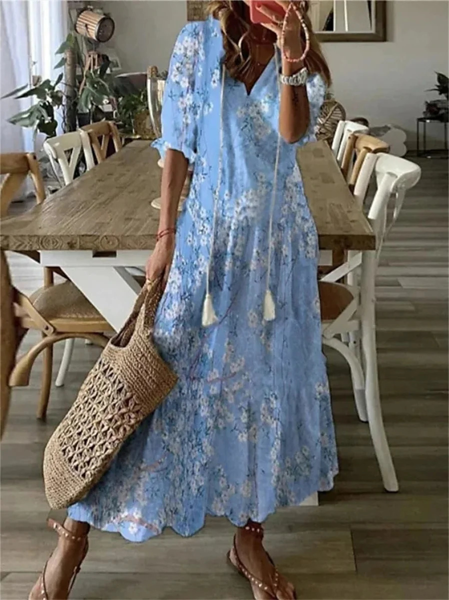 Women Elegant Boho Printing Long Dress Casual Half Sleeve V Neck Loose Maxi Dress Female Holiday Beach Sundress Tie Up Vestidos 240529
