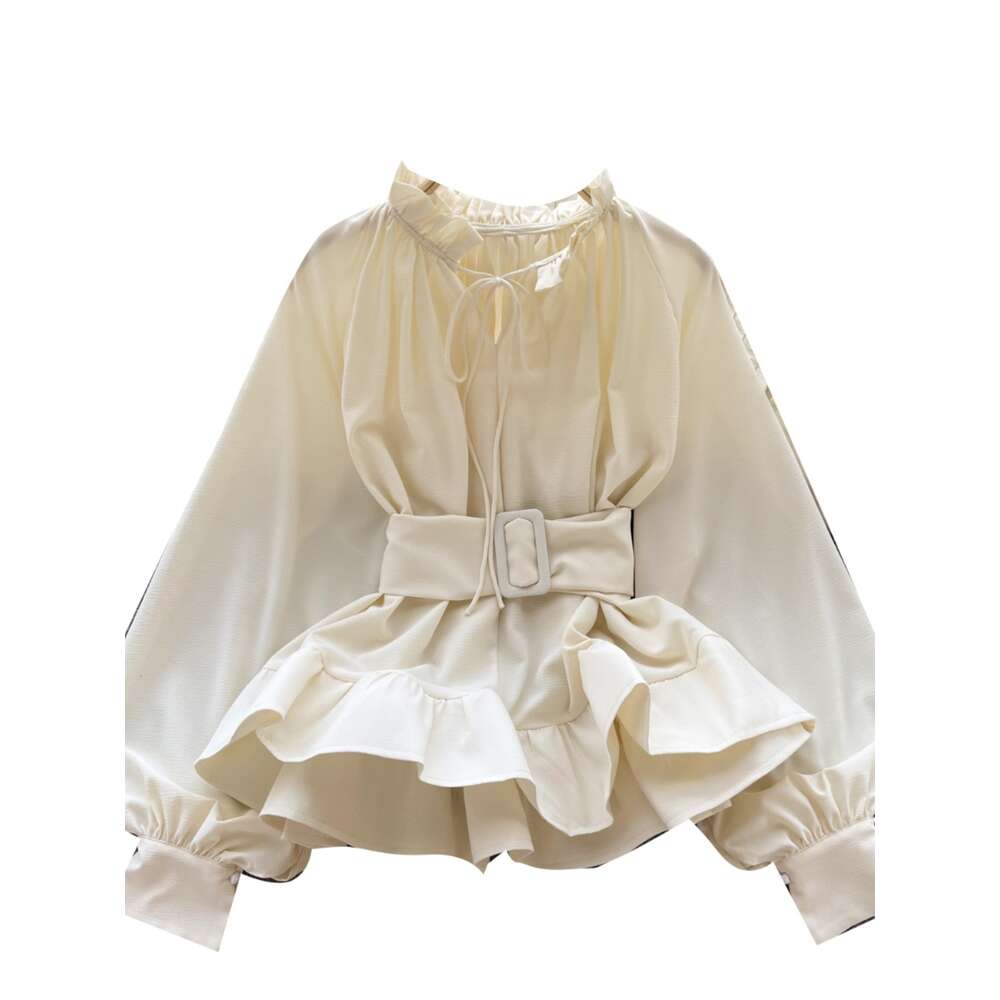 Luxury and luxurious French court style waistband lace up ruffled shirt for womens niche long sleeved top