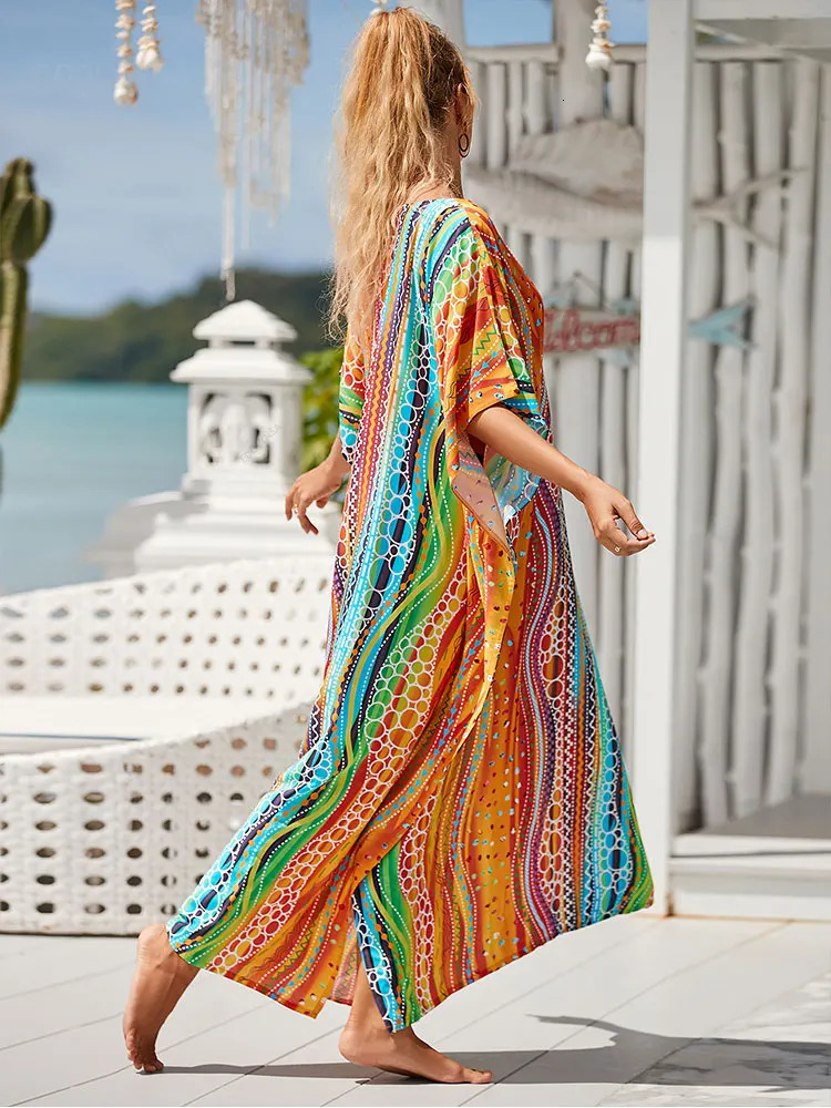 Boho Printed Kaftan Casual Summer Clothing Women Plus Size V-Neck Batwing Sleeve Beach Wear Maxi Dresses Robe Sarong Q1476 240529