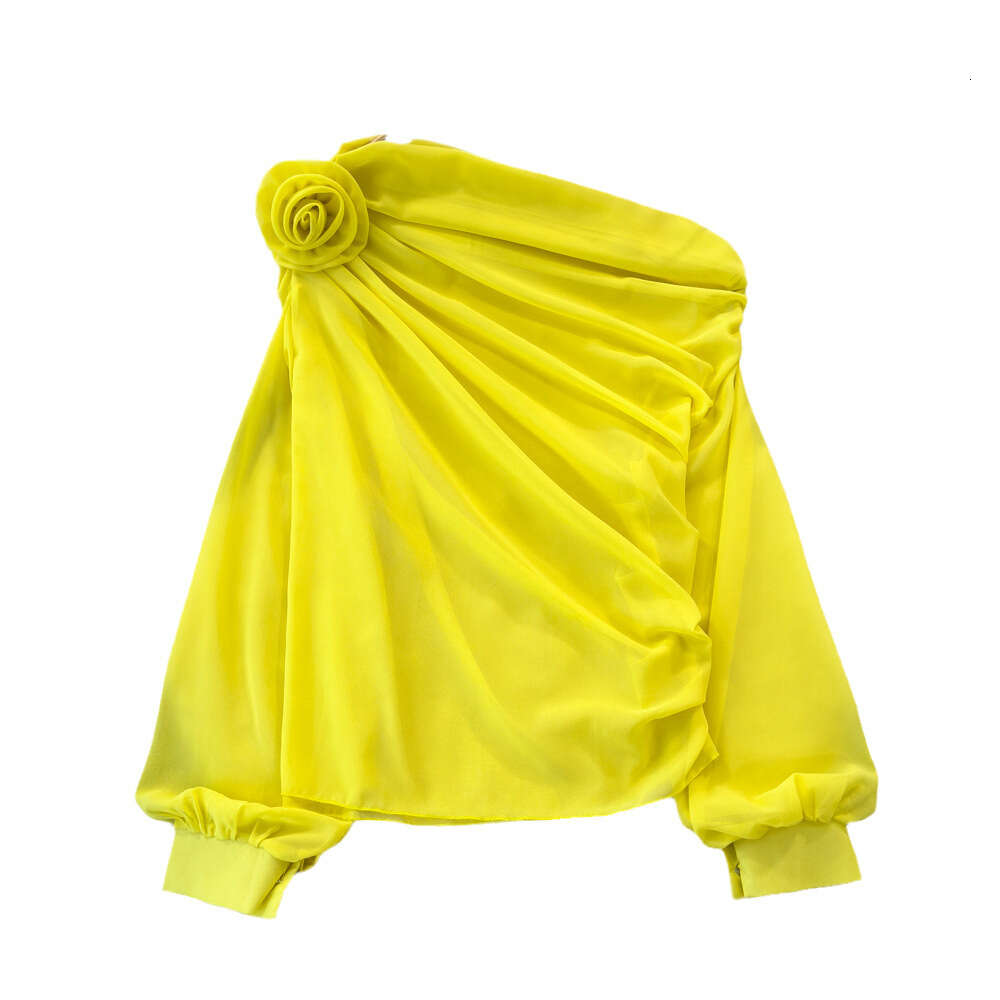 Spring and Autumn Fashion Design Sense Three Dimensional Flower Slant Neck Off Shoulder Loose and Slim Chiffon Shirt Womens Casual Top