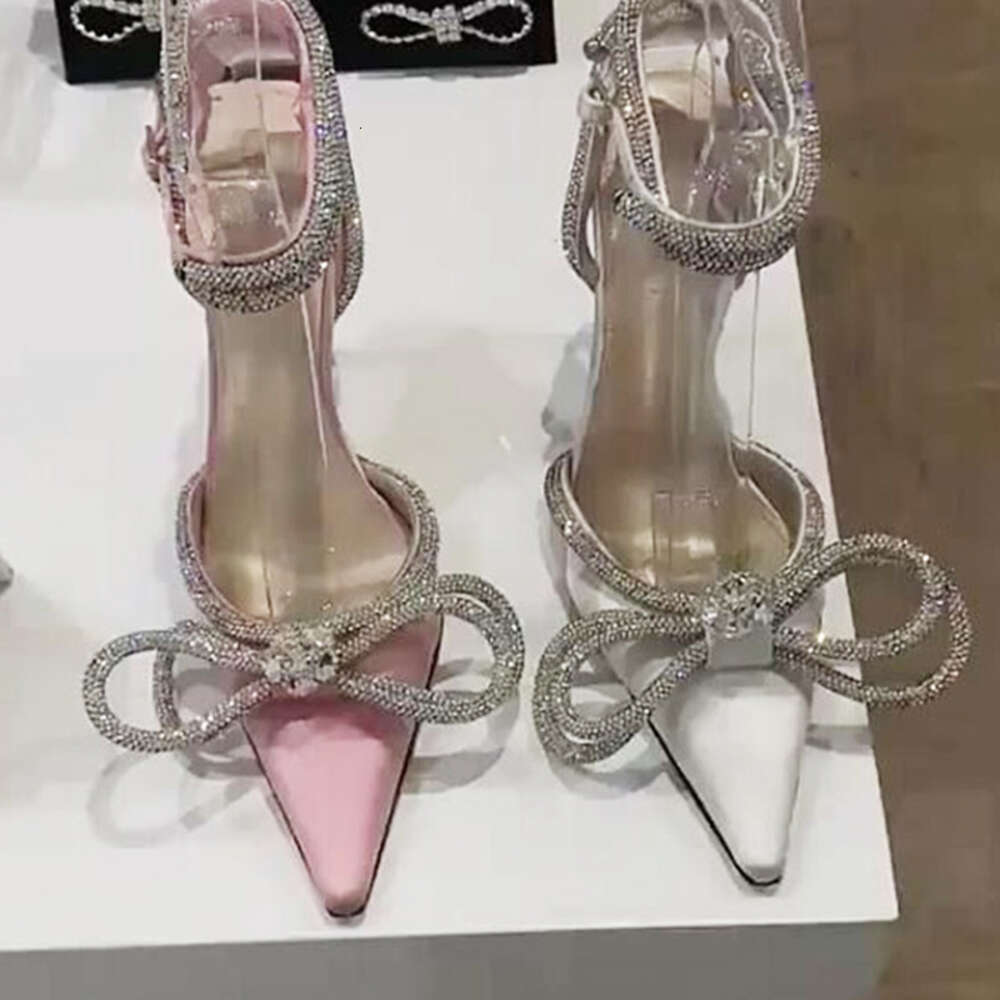 2023 New Rhinestone Butterfly-Knot Fine Heel Sandals Women Crystal Fairy Wind Pink Bow Tie With Diamond High Heels