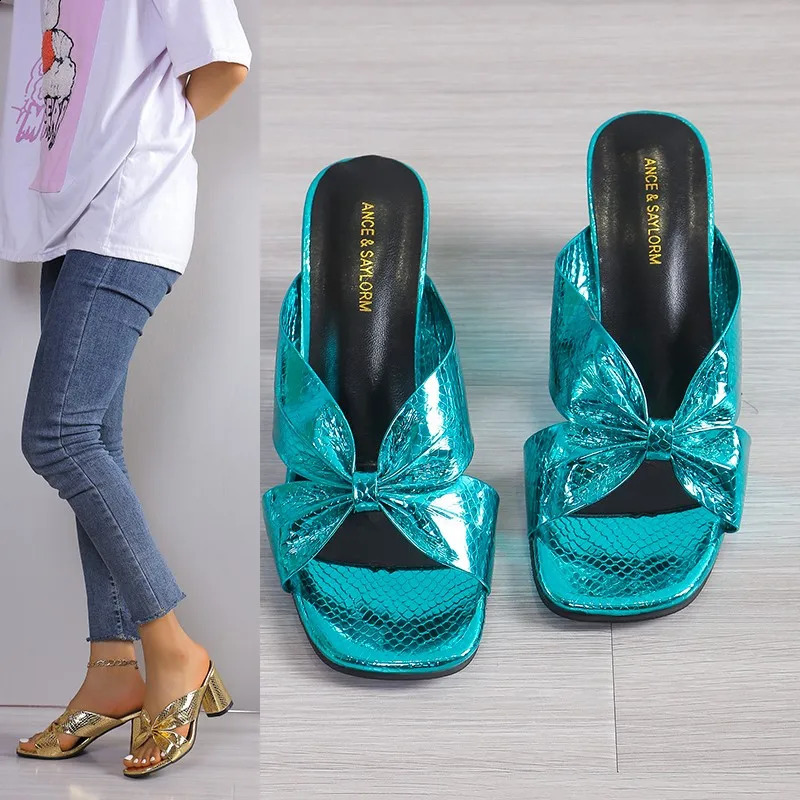 Gold French high-heeled half slippers women wear 2024 summer silver square head chunky heel flip-flops open toe sandals 240605