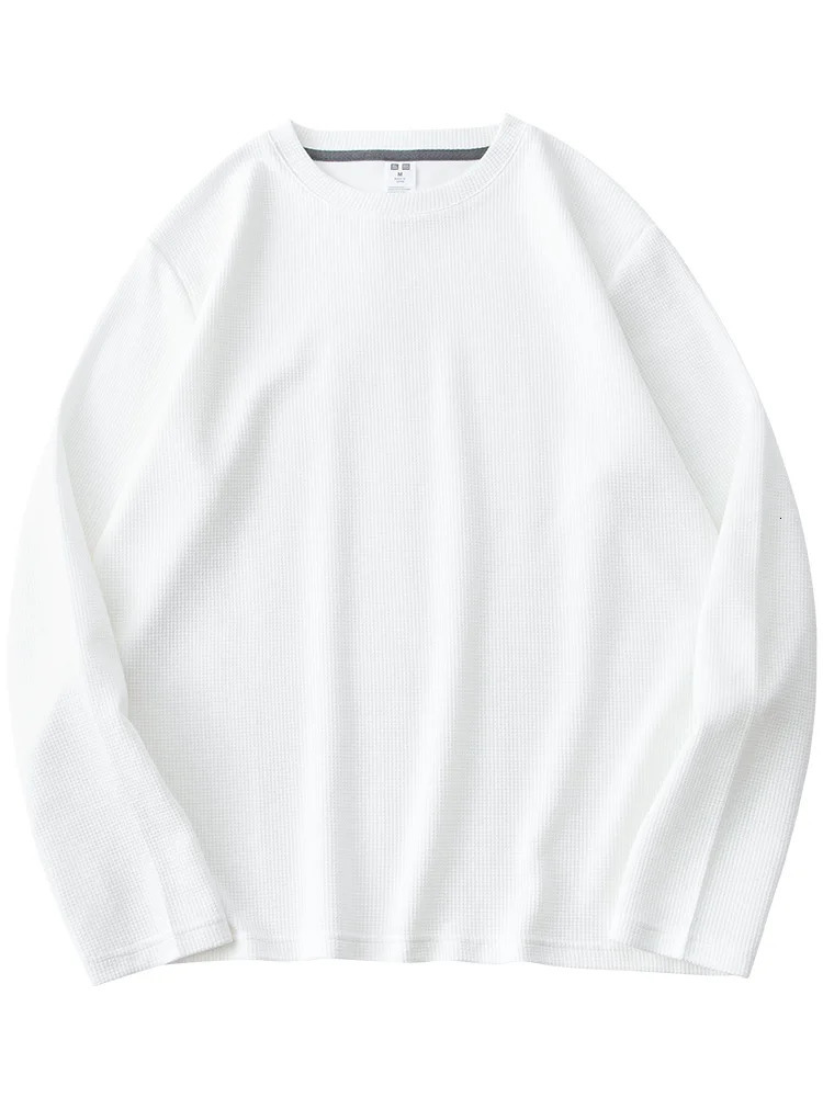 260G Mens Autumn Heavyweight Premium Waffle Basic T-shirt Long Sleeve Simple Solid Color Delicate White Tees Casual Daily Tops 240530