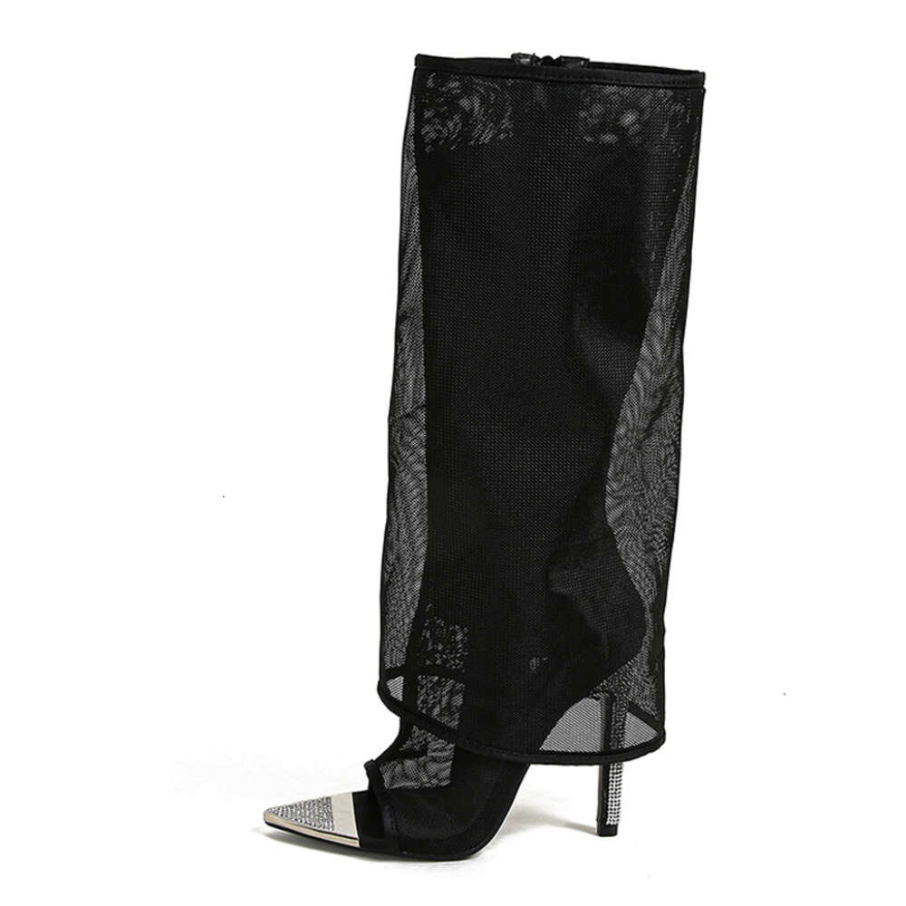Liyke Sexy Metal Pointed Toe Black Mesh Knee Boots Sandals Women Zip Fashion Rhinestone High Heels Shoes Female Botas Mujer