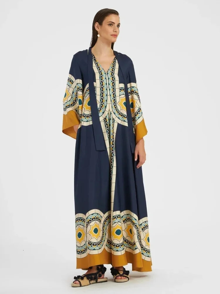 Vintage Print Spliced Maxi Dress With Ribbon Women Casual V Neck Flare Long Sleeve Dresses 2024 Summer Lady Elegant Party Robes 240603