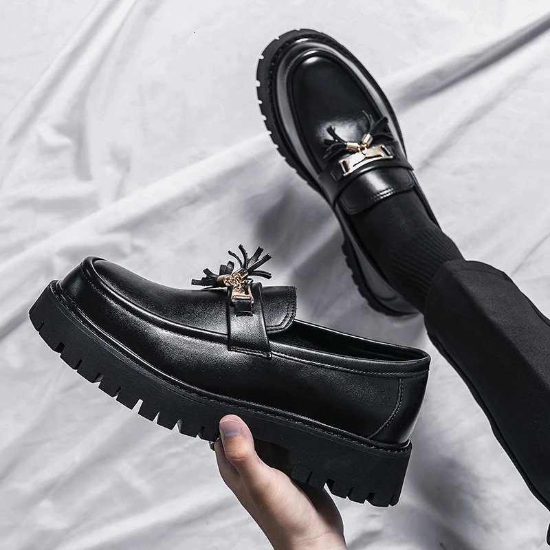 Mens Platform Leather Casual Shoes Black Loafers Dress Business Fashion Wedding 240606