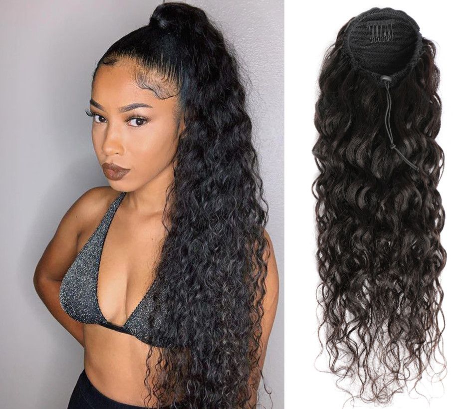 water Wave curly drawstring Ponytail Human Hair Extensions wraps full natural can be braided pony tail hairpiece Remy Hair Ponytails Clip ins 140g 4co