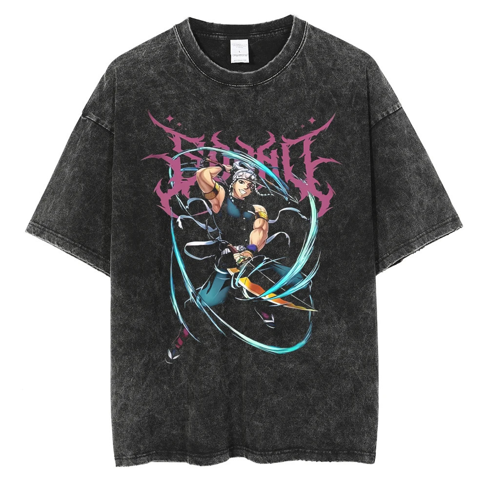 Harajuku Streetwear Black Washed T-Shirt Anime Graphic T Shirt Summer Cotton Tshirt Men Short Sleeve Vintage Tees 240601