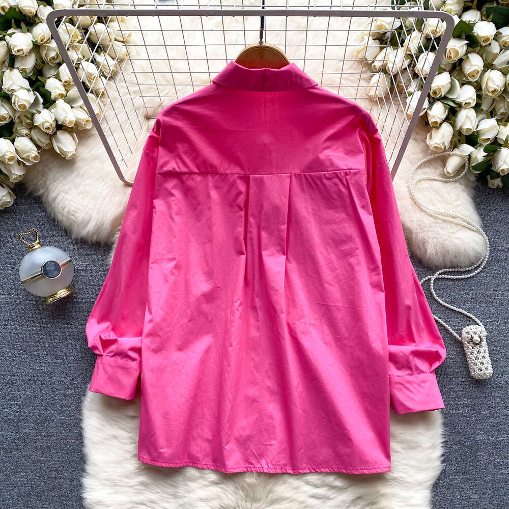 Spring womens shirt design three-dimensional floral slim fit versatile solid color long sleeved shirt French age reducing new top