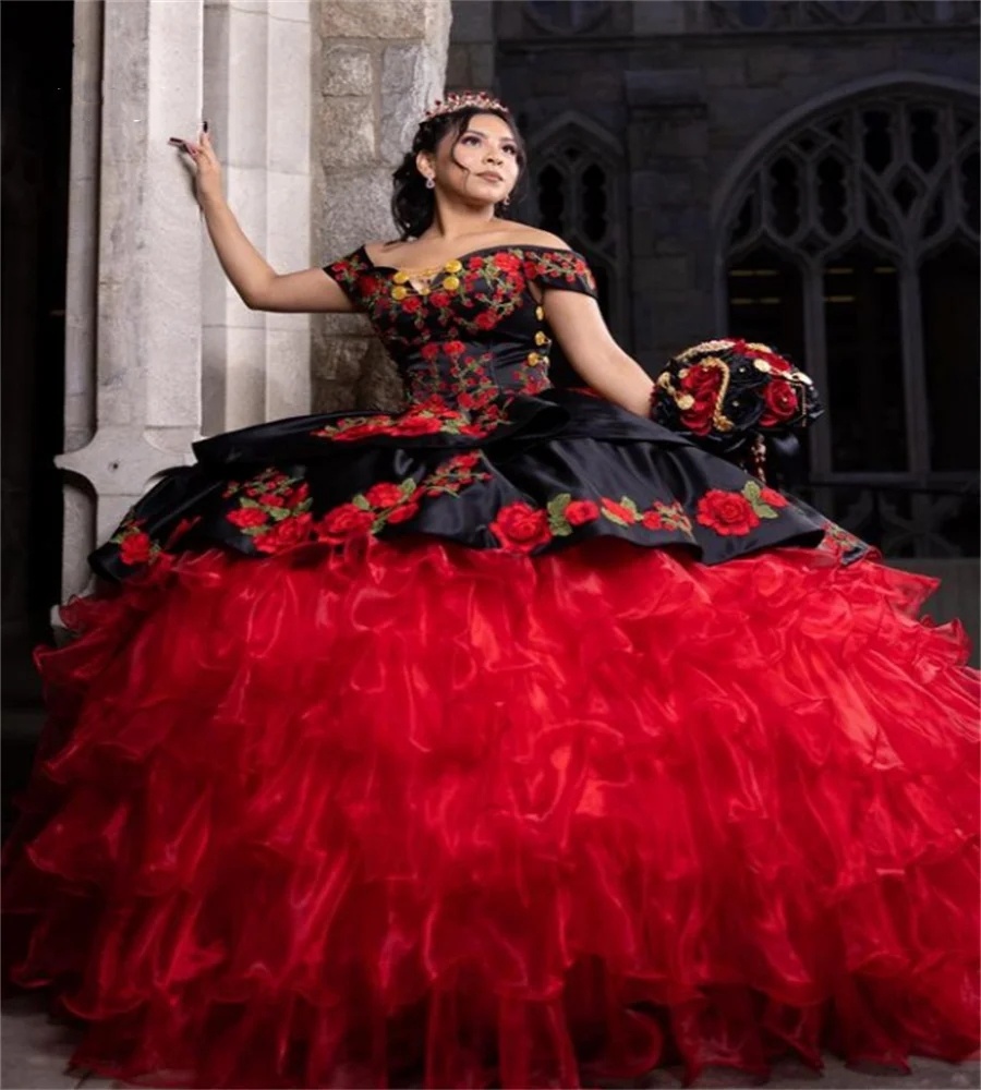 Gorgeous Mexican Quinceanera 2024 Charro Para Black With Red Tiered Ruffles wers Sweet 15 Dress vestidos de xv Birthday