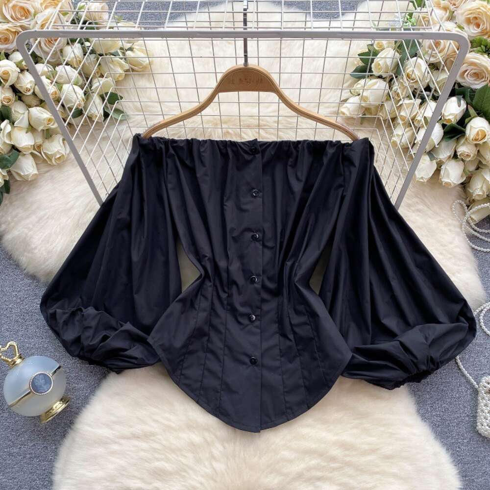 High end European style shirt womens design lantern sleeves heavy-duty pleated slim fit sexy one line collar off the shoulder top womens design
