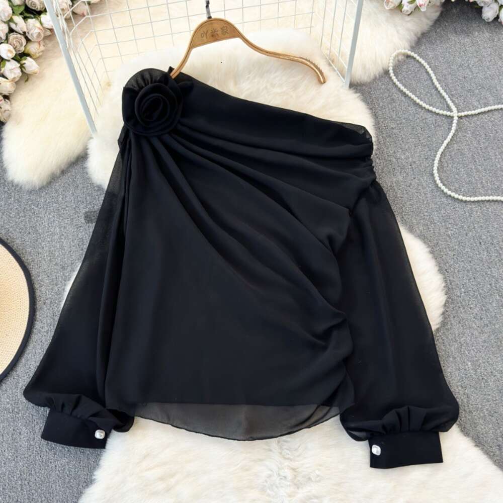 Spring and Autumn Fashion Design Sense Three Dimensional Flower Slant Neck Off Shoulder Loose and Slim Chiffon Shirt Womens Casual Top