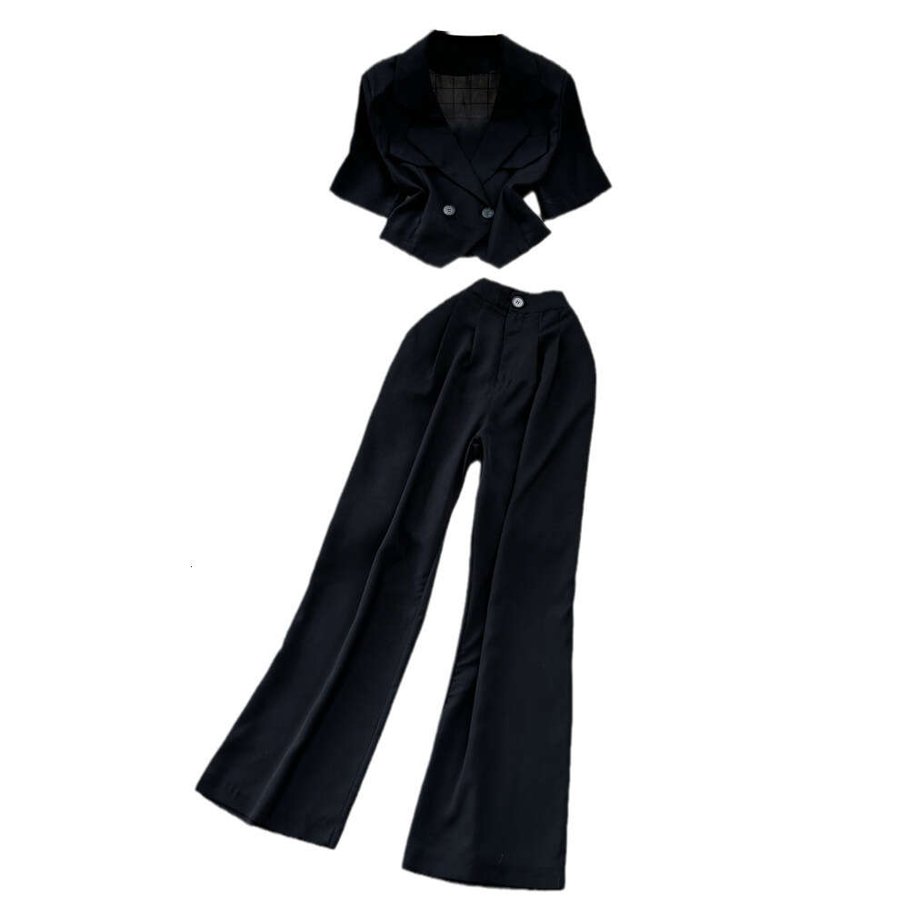 Fashion set womens Korean short sleeved suit collar slim fit short top two-piece high waisted straight leg wide leg pants