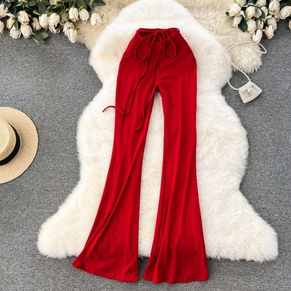 Spicy Girl Wearing Design Sense Tie Up Waist Slimming Slim Fit Bag Hip Long Flare Pants Sexy Yoga Pants