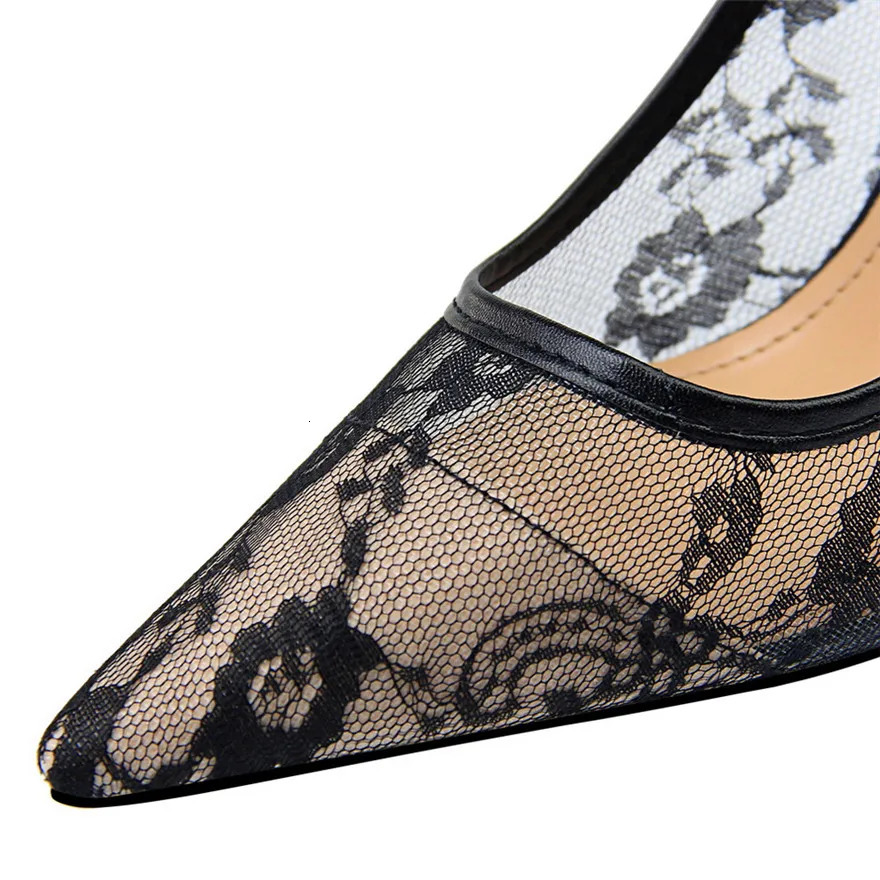 Sexy Black Flower Lace Mesh Pumps Women Pointed Fashion Party Shoes Show Thin High Heels Shoes Womens Office Shoes Shallow 240606