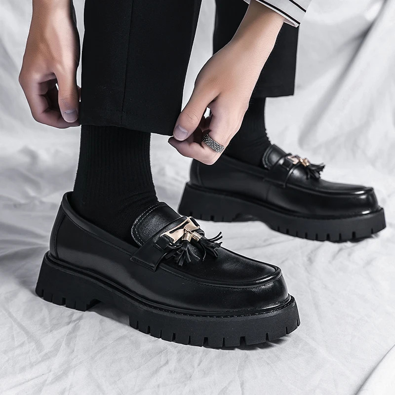 Mens Platform Leather Casual Shoes Black Loafers Dress Business Fashion Wedding 240606