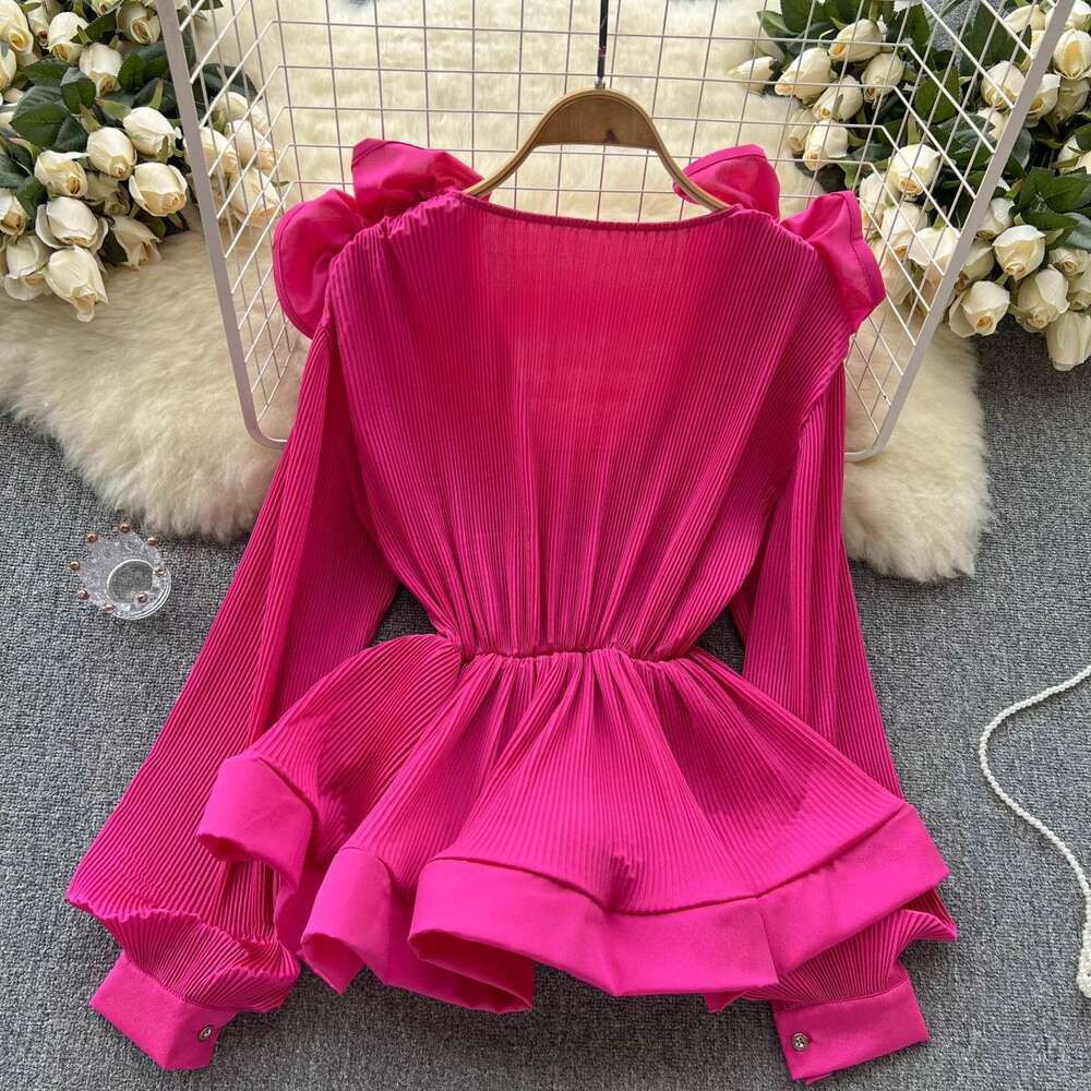 Fashionable spring and autumn new design temperament three-dimensional flower ruffle pleated V-neck pullover shirt woman
