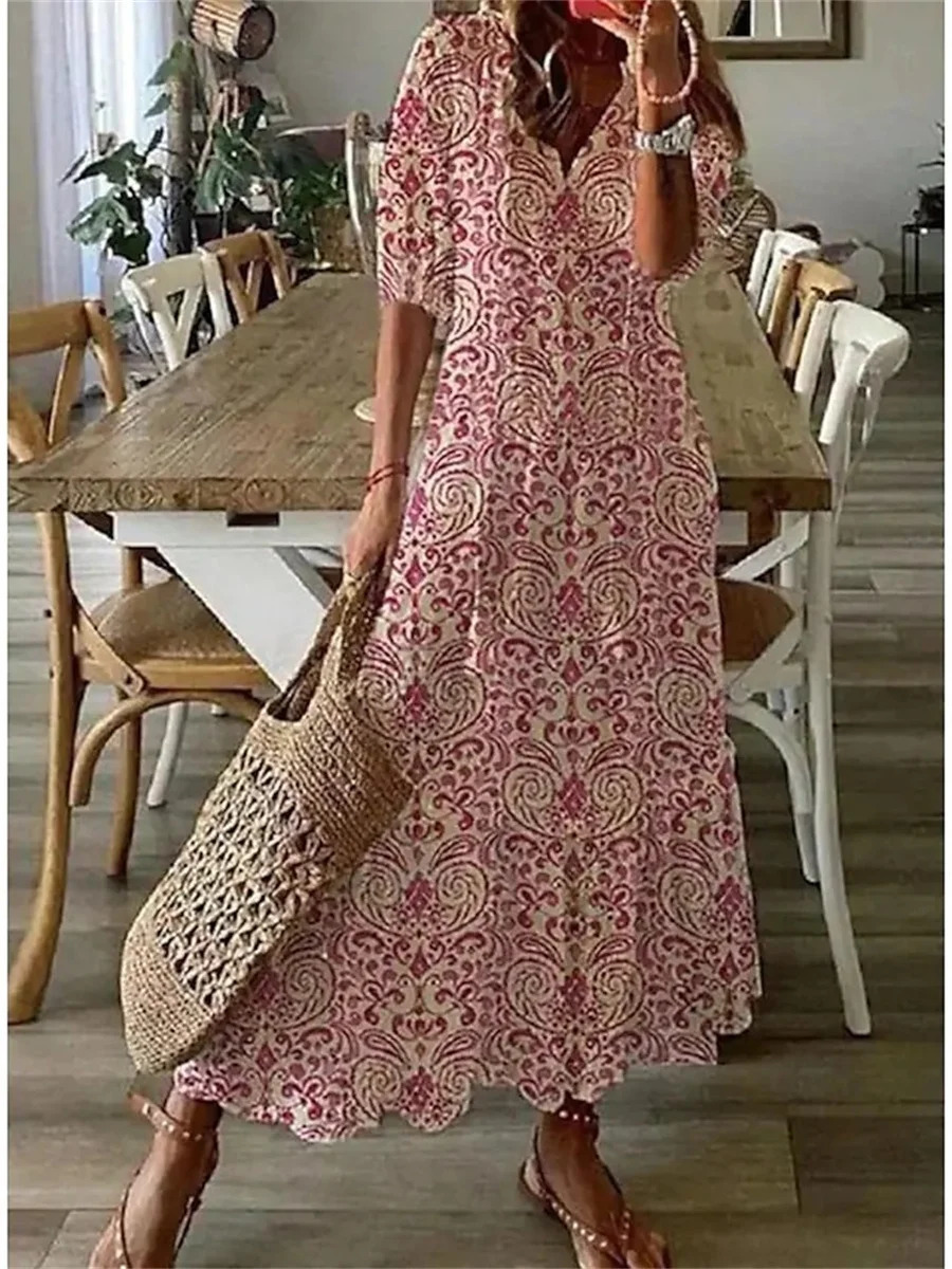 Women Elegant Boho Printing Long Dress Casual Half Sleeve V Neck Loose Maxi Dress Female Holiday Beach Sundress Tie Up Vestidos 240529