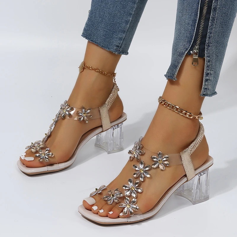 Summer women; S Sandals PVC Crystal Flower Shoes Womens Decorative Short and Fat High Heel Sandals Womens Strap Fashion Shoes 240606